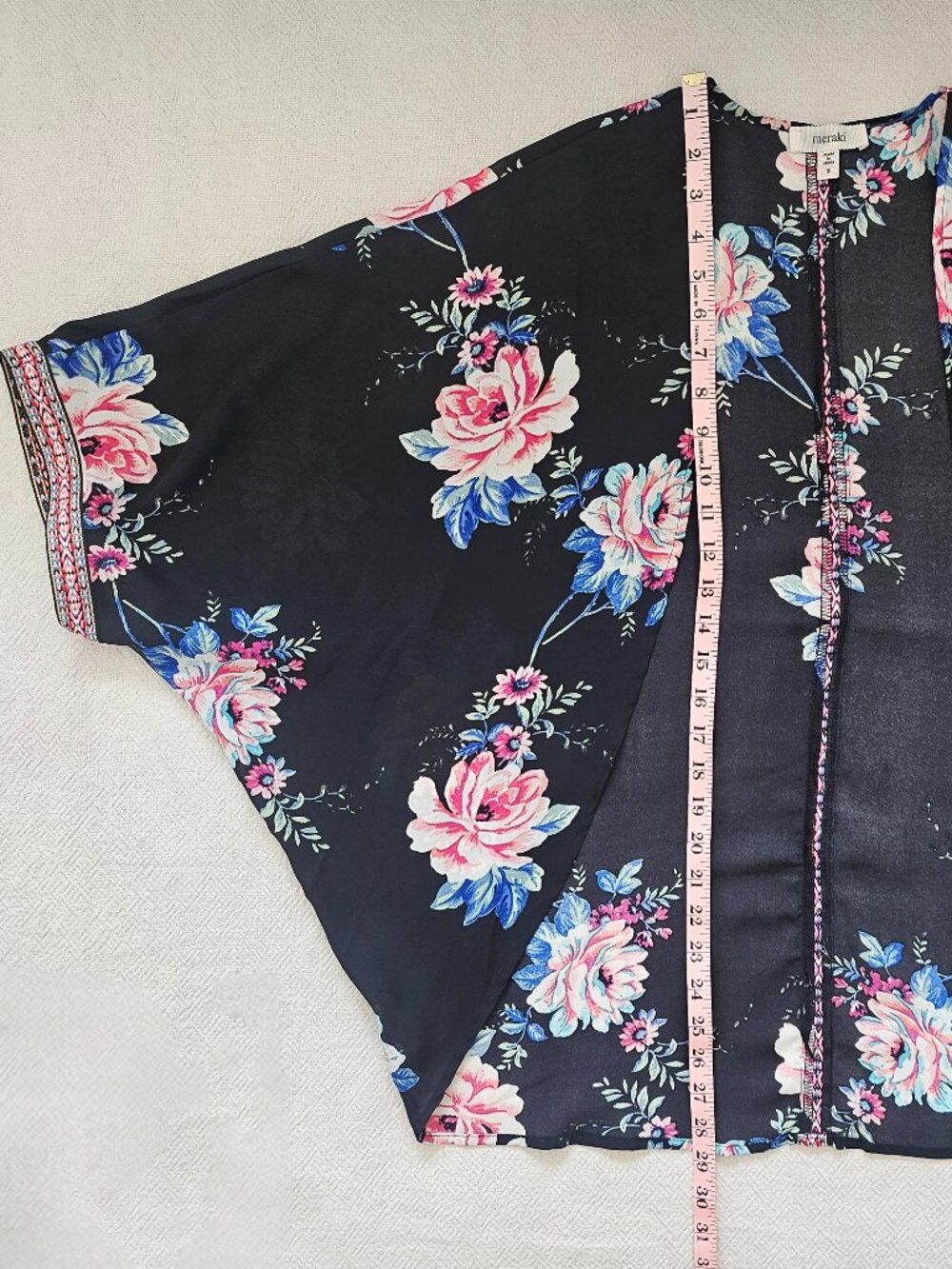 Meraki Black Floral Boho Kimono Cardigan with Embroidered Trim Small - Picture 7 of 8